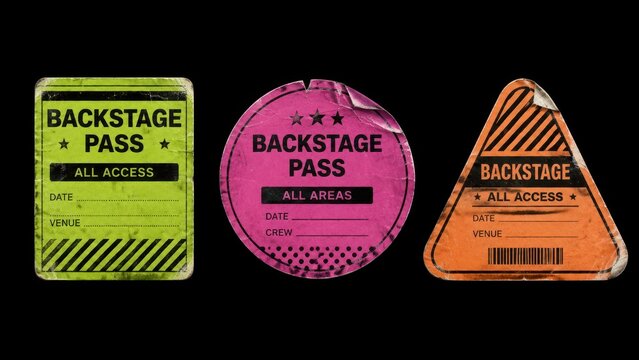 Set of worn backstage pass stickers isolated on black