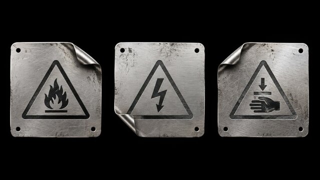 Three worn metal hazard warning signs isolated on black