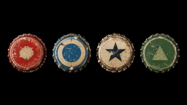 Four worn bottle caps with geometric symbols on black