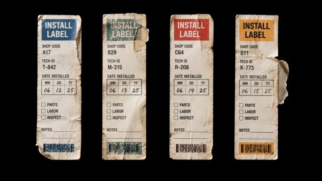 Four worn install labels isolated on a black background