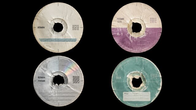 Set of worn optical disc label textures isolated on black