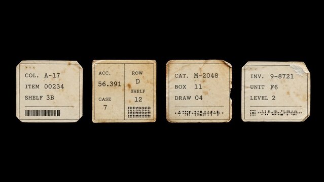 Set of aged archive labels isolated on black background