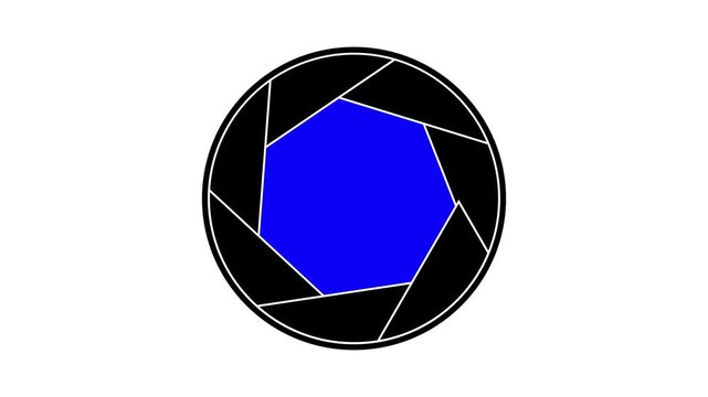 Camera lens aperture icon with black blades and a blue center circle
