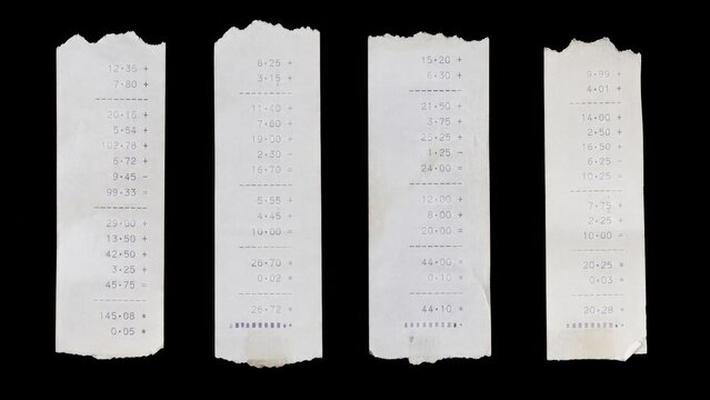 Four torn receipt paper strips isolated on black background
