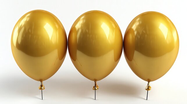 Three shiny golden balloons are displayed upright, reflecting light and creating a festive aura, This image can be used for party invitations, celebrations, or promotional materials,