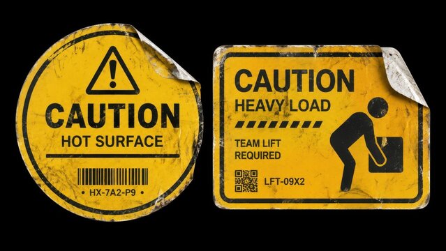 Worn yellow caution warning stickers isolated on black background