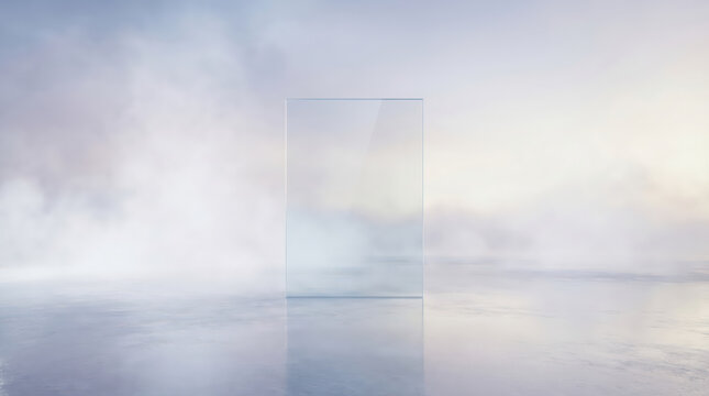 Transparent glass rectangle standing on reflective pastel surface within soft misty background creating minimal futuristic display frame mockup luxury presentation copy space branding template