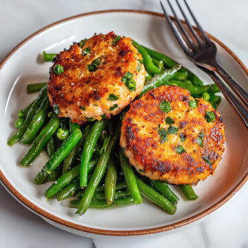 Delicious salmon cakes served on a bed of green beans a healthy and flavorful meal option for seafood lovers