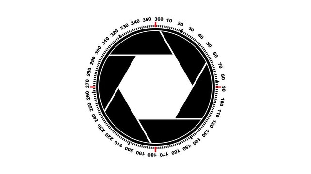 Black camera aperture lens symbol with degree markings and compass scale for photography and technical design