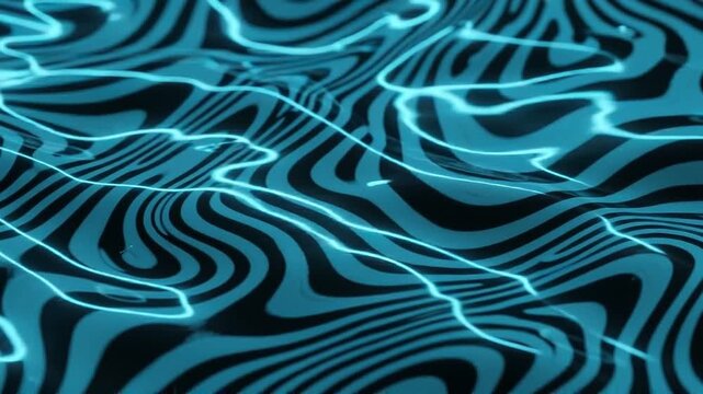 Seamless Abstract Liquid Surface With Flowing Neon Cyan And Black Zebra Stripe Patterns