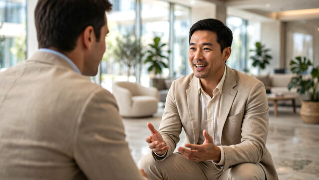 Two professional businessmen one man bright casual gathered in a bright, contemporary office lobby while discussing business plans and reviewing ideas together. 