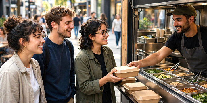 A group of young adults buying freshly prepared meals from a modern street food truck, smiling while placing orders and receiving takeaway food in a lively urban setting.
