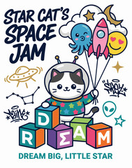 Fototapeta premium Cute Astronaut Kitten Holding Balloons And Dream Toy Blocks Vector Graphic
