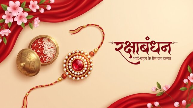 Raksha bandhan greeting card with traditional red rakhi and hindi script text