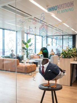 Mallard Duck in Business Suit Standing on Stool in Modern Office
