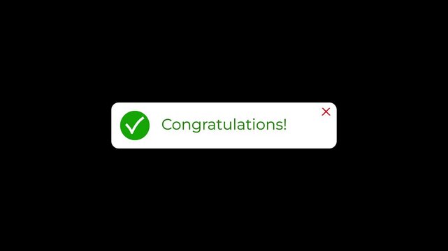 congratulations pop up notification banner animation with green check mark icon for success complete task approval design background.