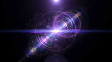 Fototapeta premium Abstract background featuring a bright purple lens flare effect with glowing light circles and particles isolated on a deep black space backdrop