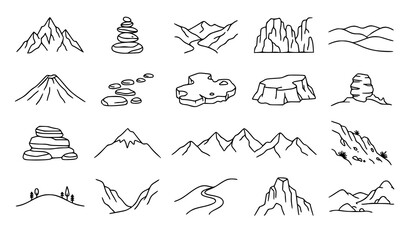Fototapeta premium Minimal Nature Landscape Line Art Set with Mountains Hills and Rock Formations Vector Illustration