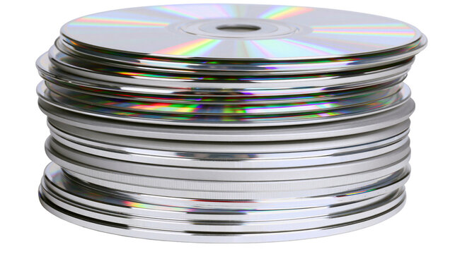 Stack of silver CDs and DVDs with rainbow reflections