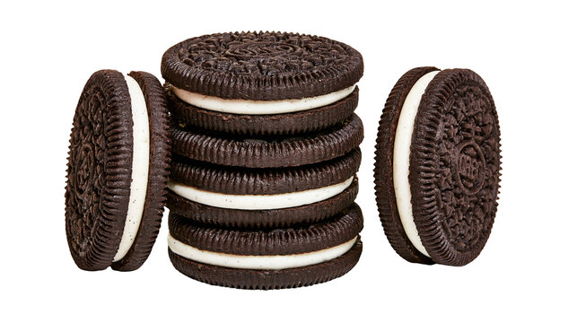 Stack of dark chocolate sandwich cookies with cream filling