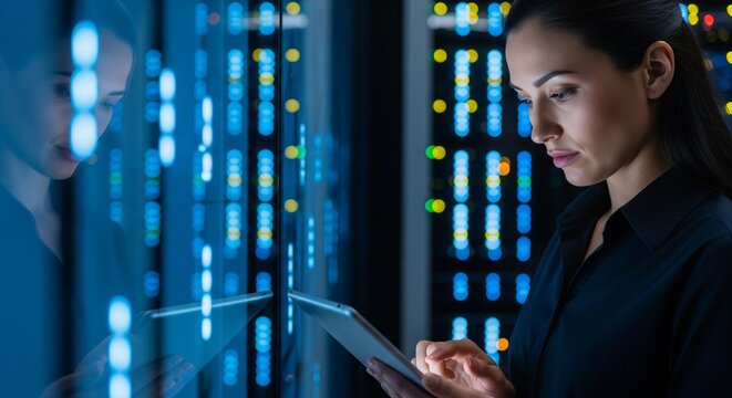 A close-up side view of a female engineer holding a digital tablet in front of glowing server racks in a data center