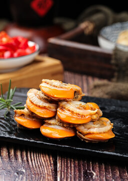 Fresh Qingdao Scallops Without Shells on Slate Plate - Premium Seafood Market Display