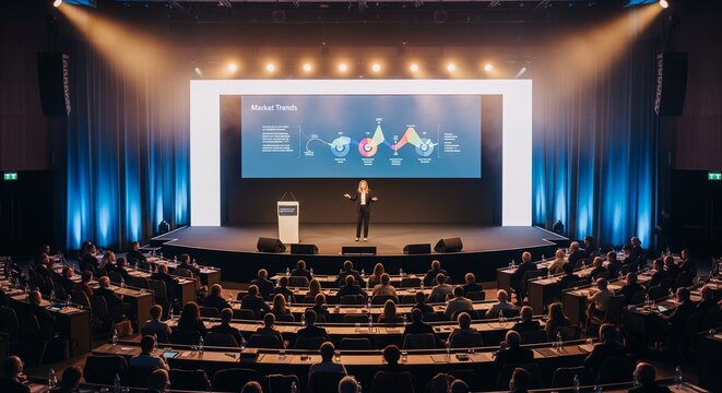Keynote presentation on a bright stage with large screen in front of audience.