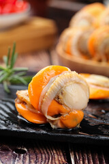 Fresh Raw Qingdao Scallops Peeled Sandless on Slate Board - Premium Seafood © KieuThi