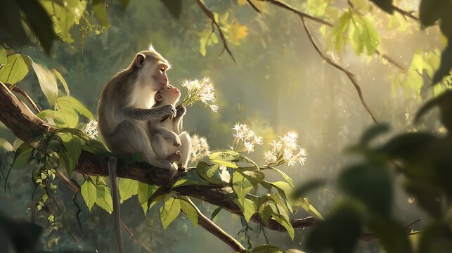 Two monkeys in a lush forest mother holding baby on a branch with sun rays filtering through leaves concept of family and nature