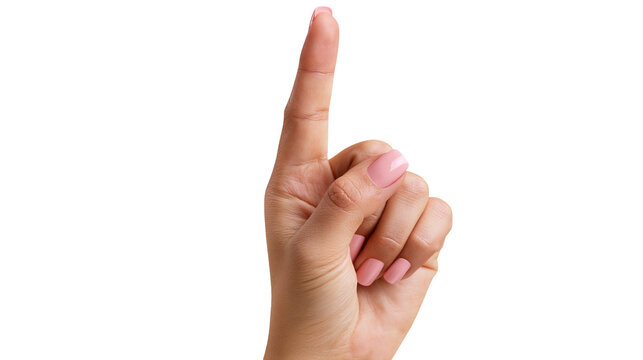 Female hand with pink nails pointing finger up