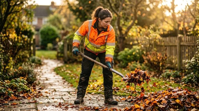 Female Gardener Wearing High Visibility Jacket Cleaning Autumn Leaves From Garden Path With Shovel At Sunset Seasonal Yard Maintenance Work Outdoor