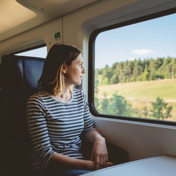 Mujer sentada en un asiento de tren mirando y disfrutando del paisaje a trav&eacute;s de la ventana. Viajando, transporte