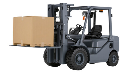 Gray forklift truck carrying a cardboard box on a pallet © Eustace