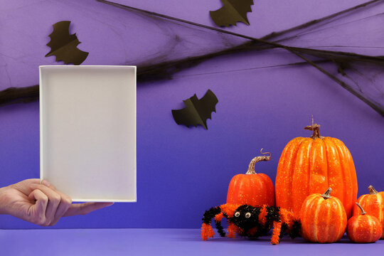 Halloween frame mockup with hand holding blank white board near pumpkins and spider decor