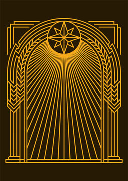 Art Deco Geometric Archway with Radiating Sunburst and Starburst Center Emblem Vector Illustration