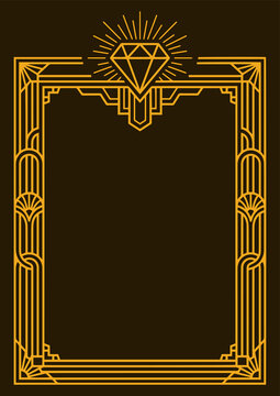Art Deco Gold Line Art Frame With Radiant Diamond Accent for Elegant Vintage Style Invitations and Decorative Border Designs