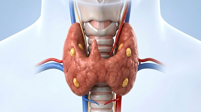 Medical 3D illustration showing human thyroid gland with parathyroid glands