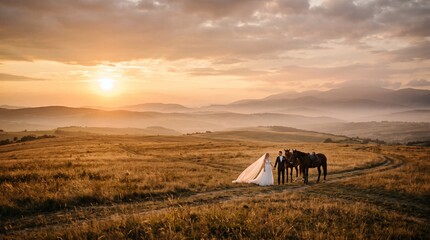 Obraz premium Bride and groom standing with a horse at sunset
