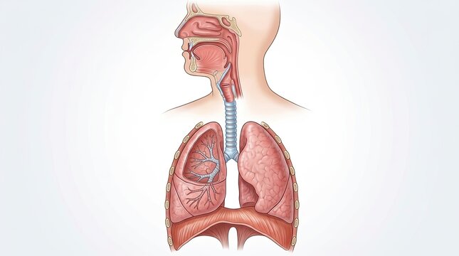 Medical illustration of human respiratory system anatomy featuring lungs and trachea