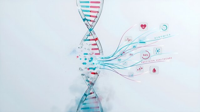 Glowing DNA helix with health data streams &ndash; Great for genetic research, personalized care, or science.