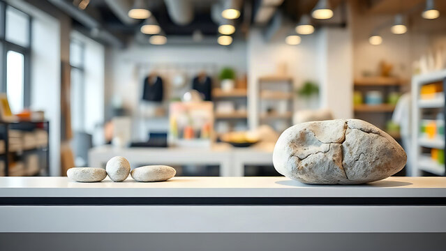 Smooth cobblestones and rough boulder on tiered shelf.