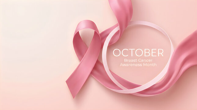 Pink ribbon awareness symbol for breast cancer support with a circular frame on a soft pastel background