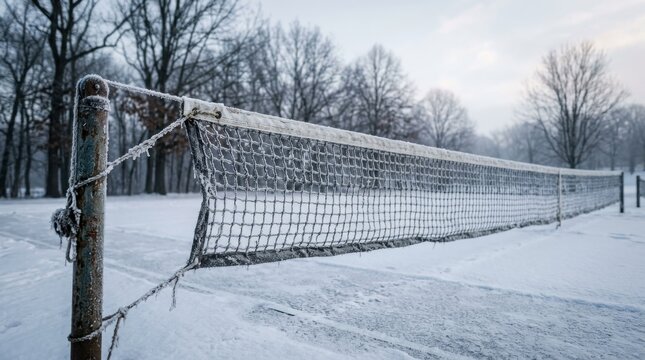 Frozen tennis net on a snow covered outdoor court in winter during a cold season with frost on metal poles and mesh fabric in a serene quiet park
