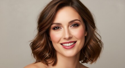 Fototapeta premium Cheerful portrait of a smiling woman with wavy hair and bright makeup showing a happy expression.
