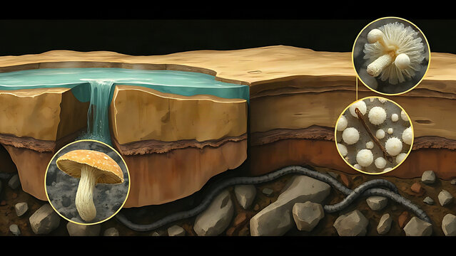 Underground rock and water cross-section with fungi, tardigrade, and tiny worms, earth science education concept