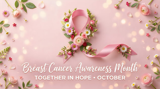 Pink ribbon decorated with beautiful flowers for breast cancer awareness month on a soft pastel pink background