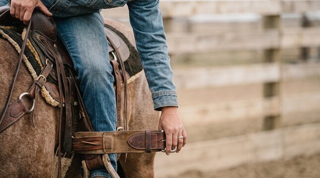 Person tightening the leather saddle girth on a horse