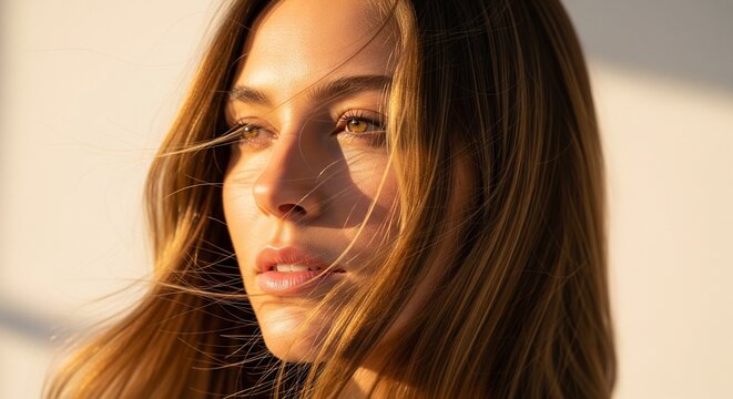 Close-up portrait of a blonde/light brown haired woman with hair blowing and warm sunlight on her face.