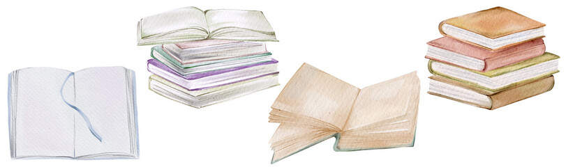 Naklejka premium Watercolor Vintage Book Collection with Open Books and Stacked Novels