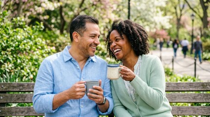 Fototapeta premium Happy multiethnic couple laughing together while drinking coffee on a wooden park bench during a sunny spring day in a lush green city public garden